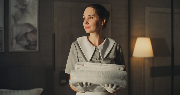 Hotel Maid in Classic Uniform With White Gloves Holds Clean Soft Towels, Standing in Elegant Hotel Bedroom